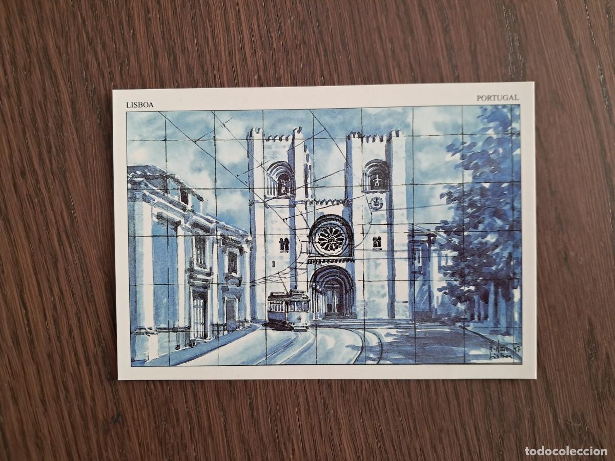 Postales: postal de Portugal, acuarela catedral y tranv&iacute;a. Lisboa, Portugal.