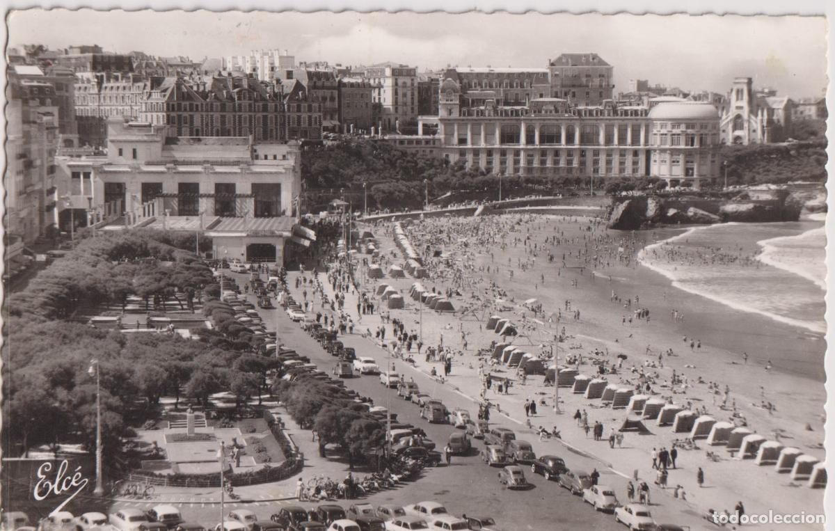 Postales: FRANCIA, BIARRITZ, LA GRANDE PLAGE ET LES JARDINS - L.CHATAGNEAU 7077 - CIRCULADA 1962