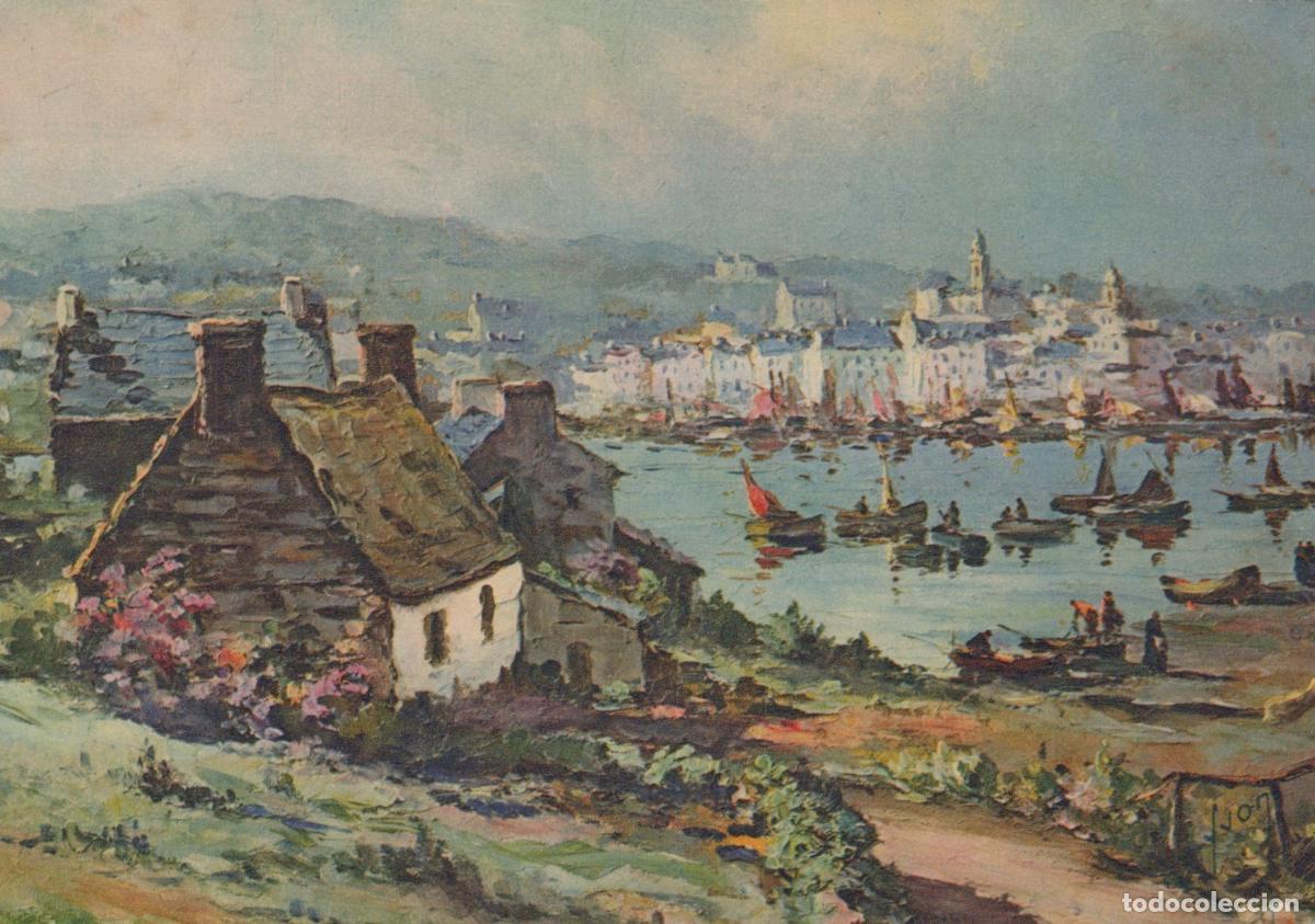 Postkarten: France Audierne Vue G&eacute;n&eacute;rale du Port Peinture Marine Unposted *YAH554