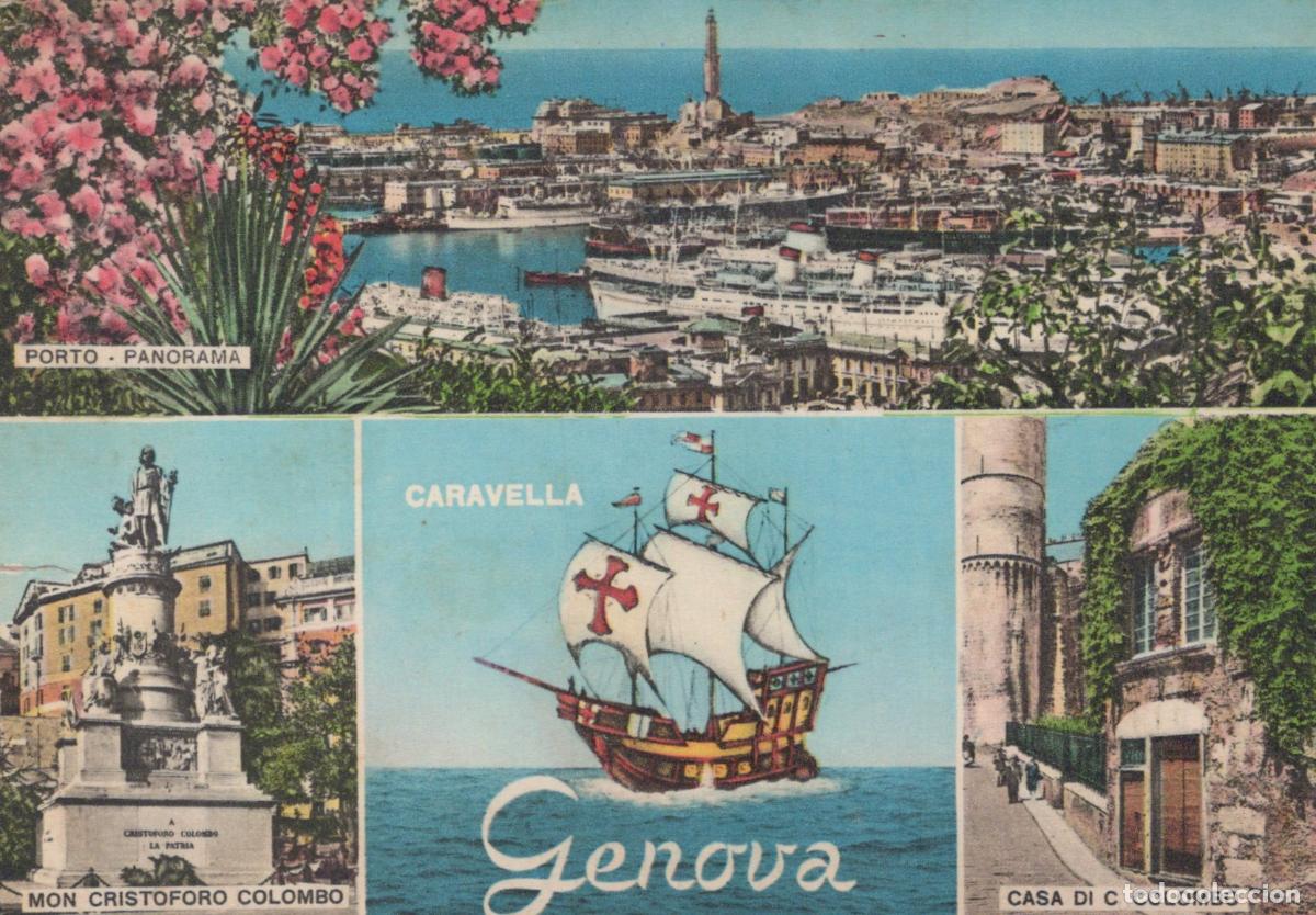 Postales: Italy Genova Porto Panorama Caravella Cristoforo Colombo Statua *YAK434