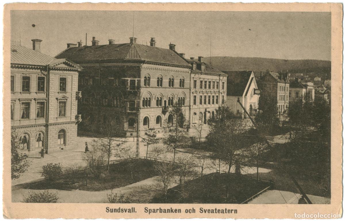 Postales: SUNDSVALL_Sparbanken och Sveateatern_Calegi Vykortslager & AB Nygrens / Teatros Suecia