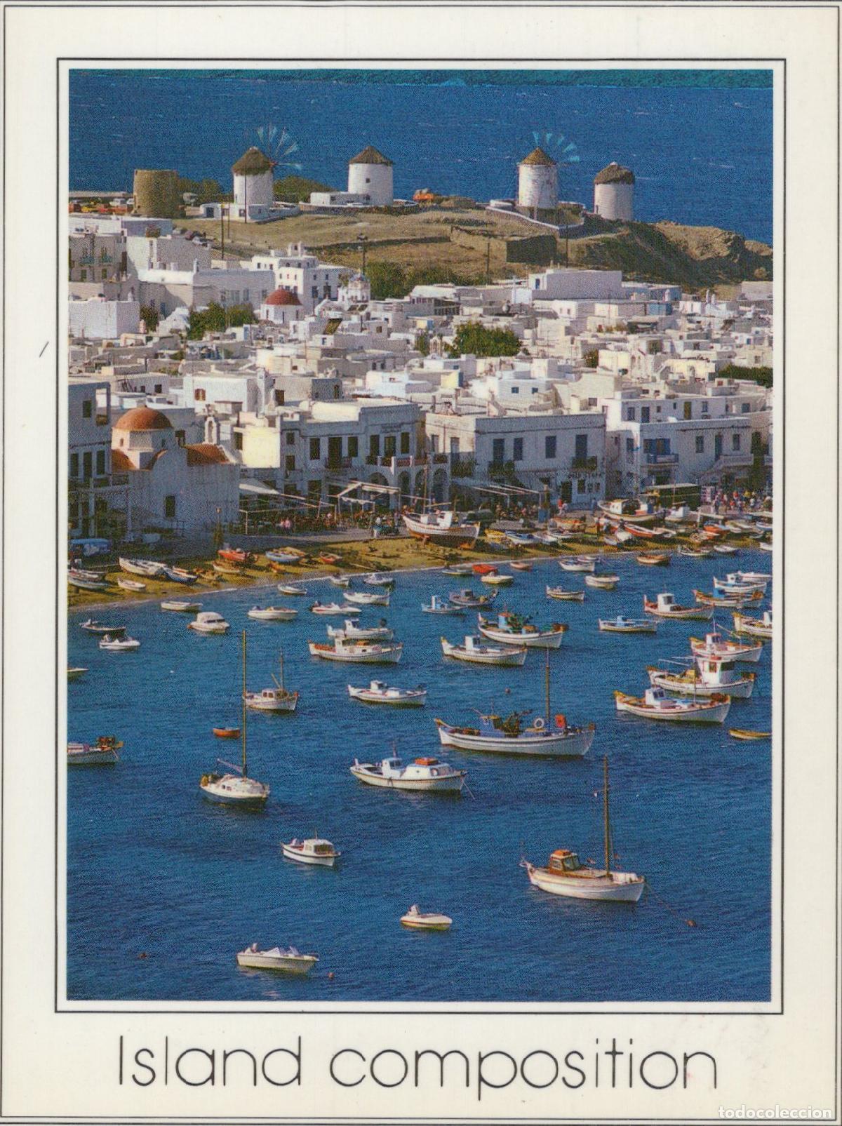Postais: Greece Mykonos Island Picturesque Harbor With Boats and Windmills *YAM039