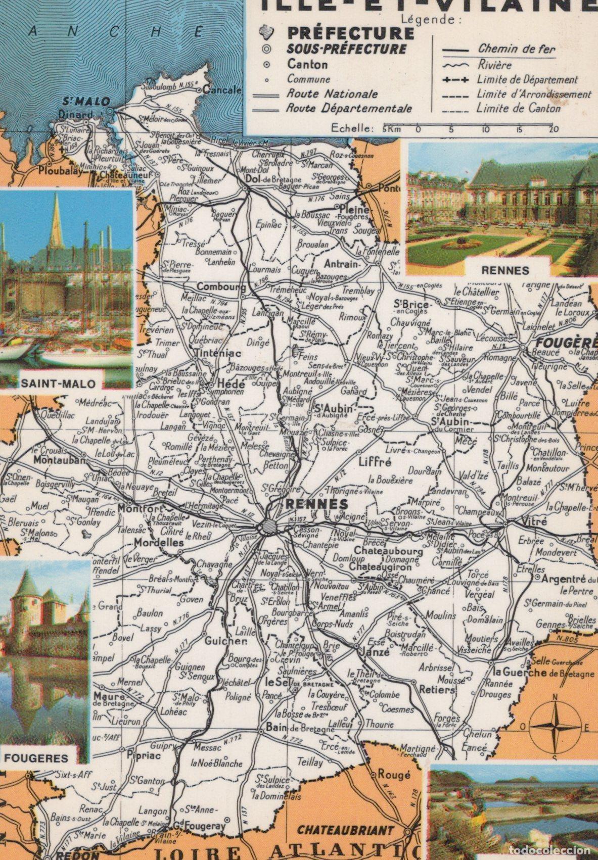 Postkarten: France Rennes Map of Ille et Vilaine With Insets of Saint Malo Foug&egrave;res *YAM092