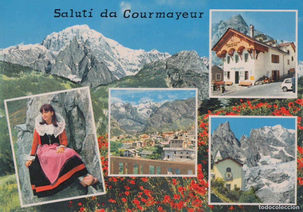Postales: Italy Courmayeur Multi View Mont Blanc Traditional Costume Unposted *YAM381