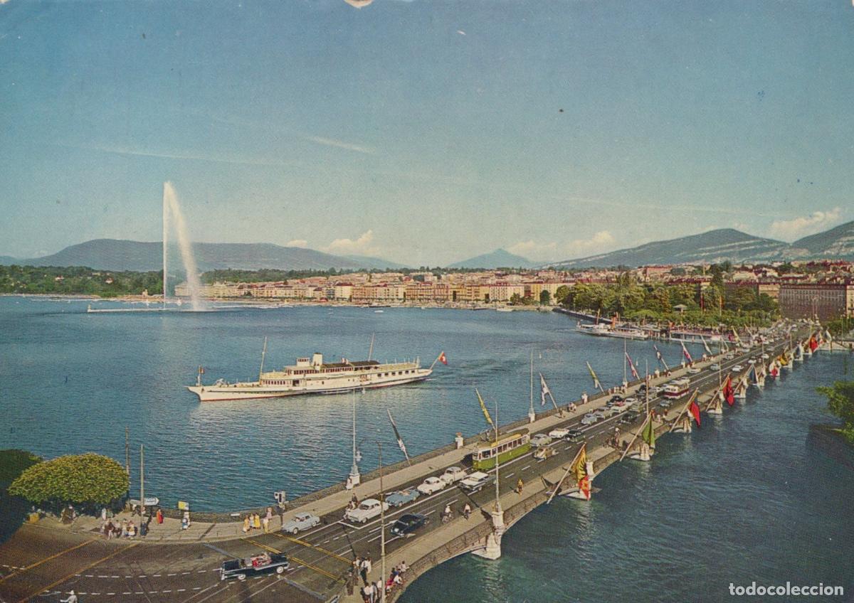 Postcards: Switzerland Geneva Pont du Mont Blanc Bridge Jet D Eau Fountain Lake *YAM512