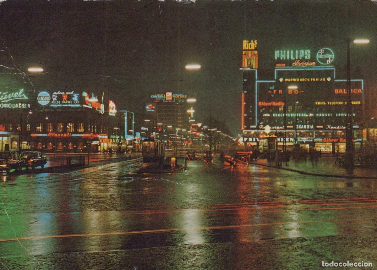 Cartoline: Denmark Copenhagen Town Hall Square At Night Neon Signs Wet Street 1960s *YAM827