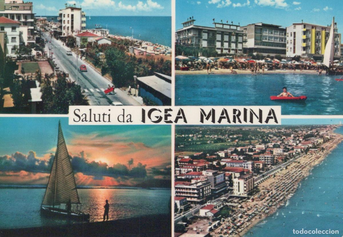 Postkarten: Italy Igea Marina Beachfront Hotels Sailboat Sunset Aerial View *YAM947
