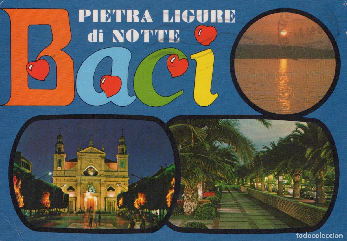 Postales: Italy Pietra Ligure By Night Church Palm Trees Sunset *YAM993