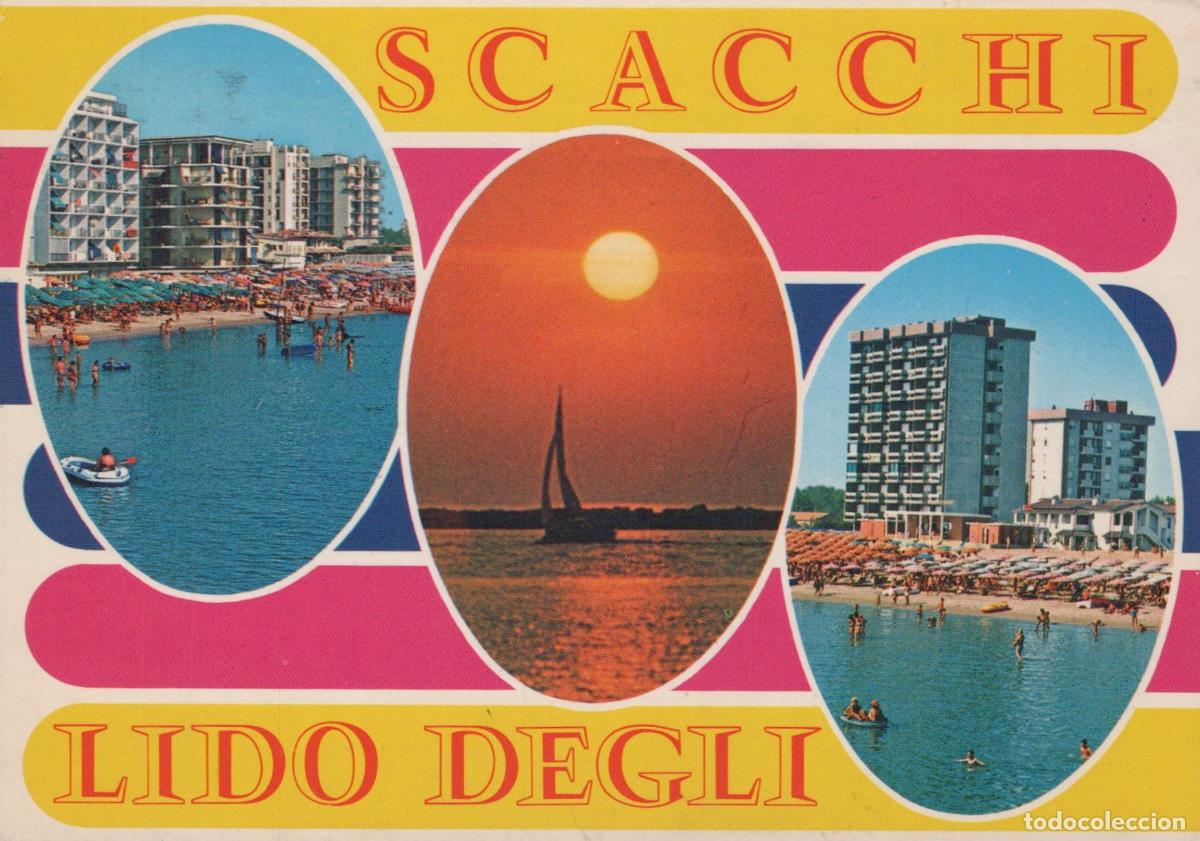 Postkarten: Italy Lido Degli Scacchi Beach Resorts Sunset Sailboat Vintage *YAN051