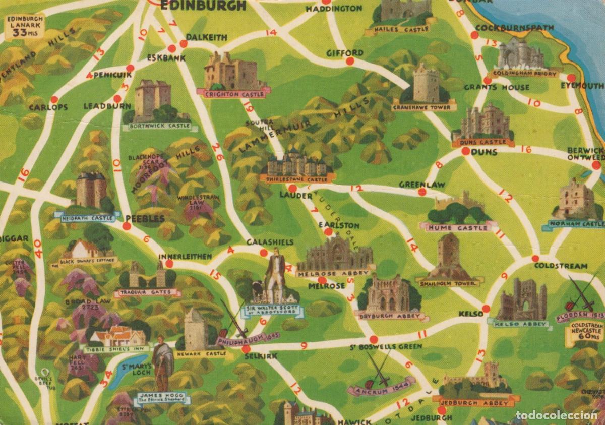 Cartes Postales: United Kingdom Edinburgh Map of Scottish Borders Castles and Abbeys To *YAN065