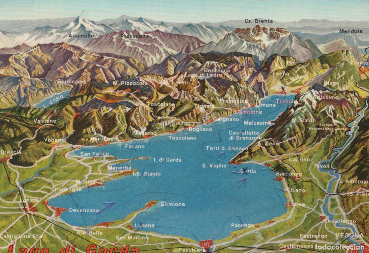 Postkarten: Italy Lake Garda Map With Towns and Mountains Maderno Sirmione Torbole *YAN127