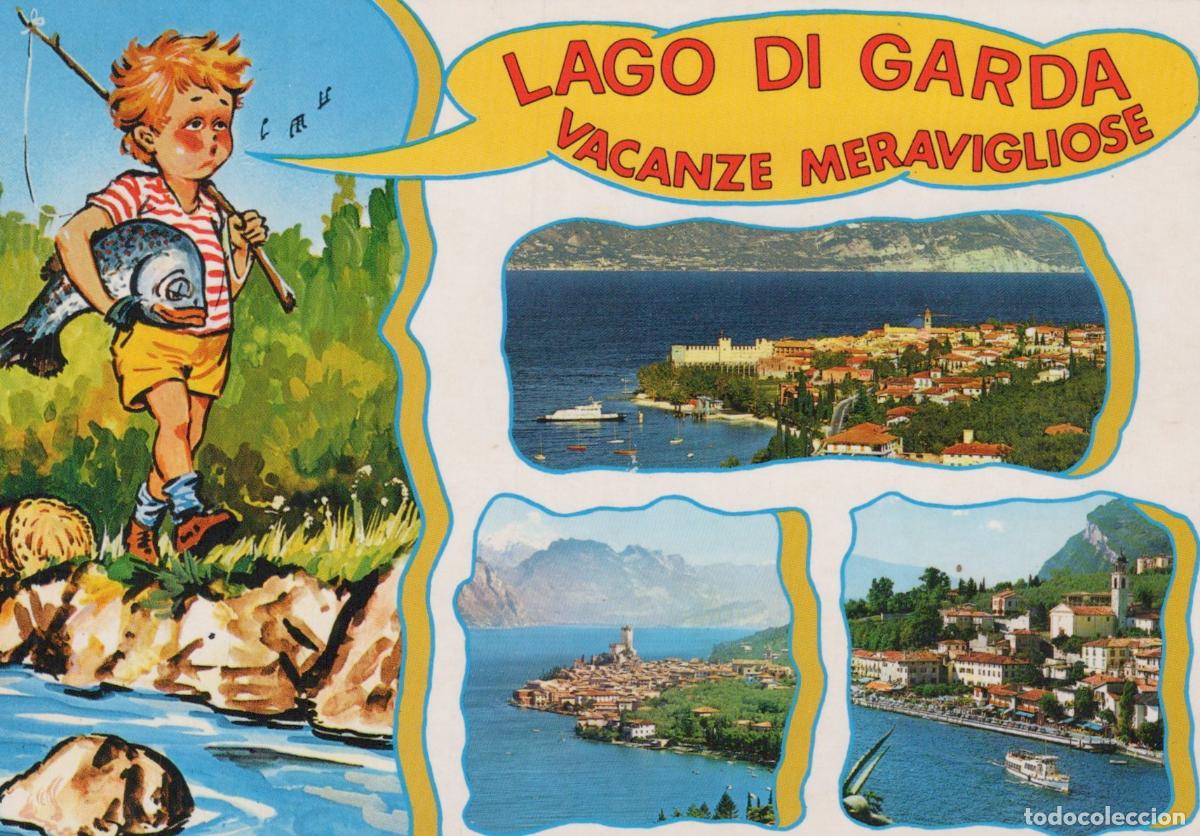 Postcards: Italy Lago DI Garda Panoramic Views With Cartoon Fisherman *YAN223