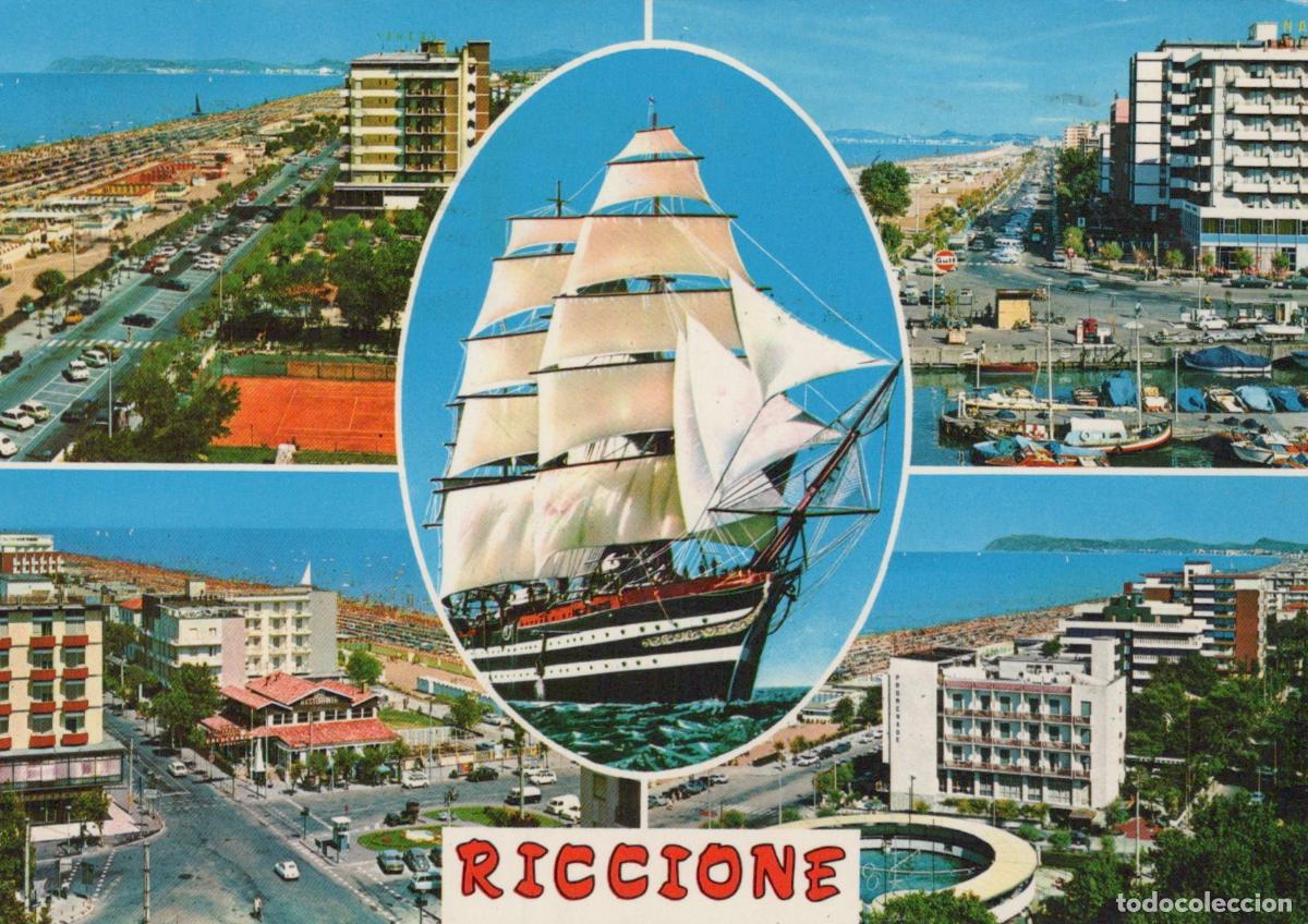 Cartoline: Italy Riccione Coastal Town Collage With Sailing Ship and Beach Scenes *YAN473