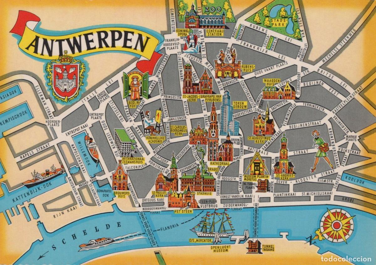 Cartoline: Belgium Antwerp Antwerpen City Map Illustrated Tourist Guide Unposted *YAN559