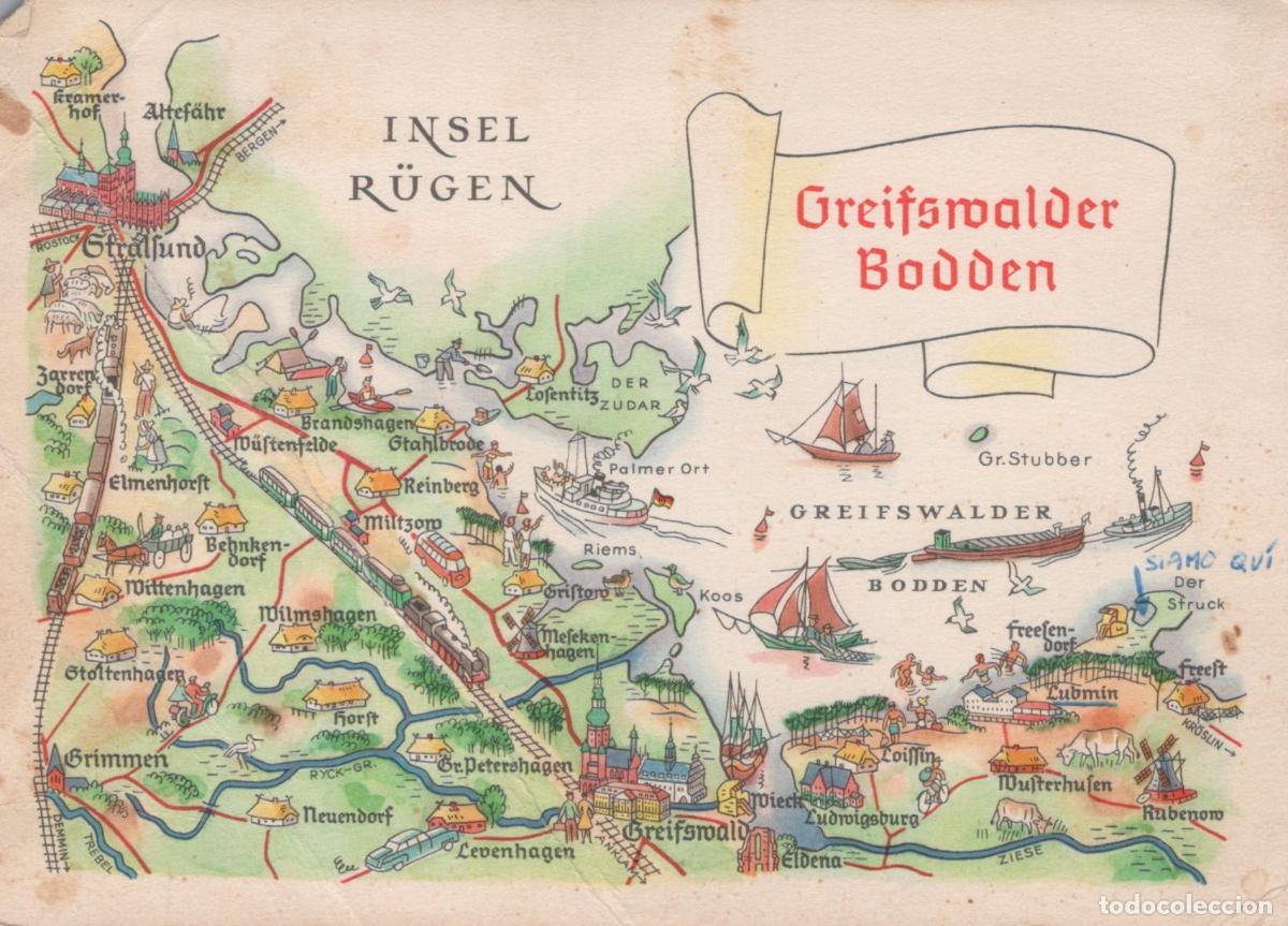 Cartoline: Germany Greifswald Greifswalder Bodden Insel R&uuml;gen Map With Train Ships *YAN406