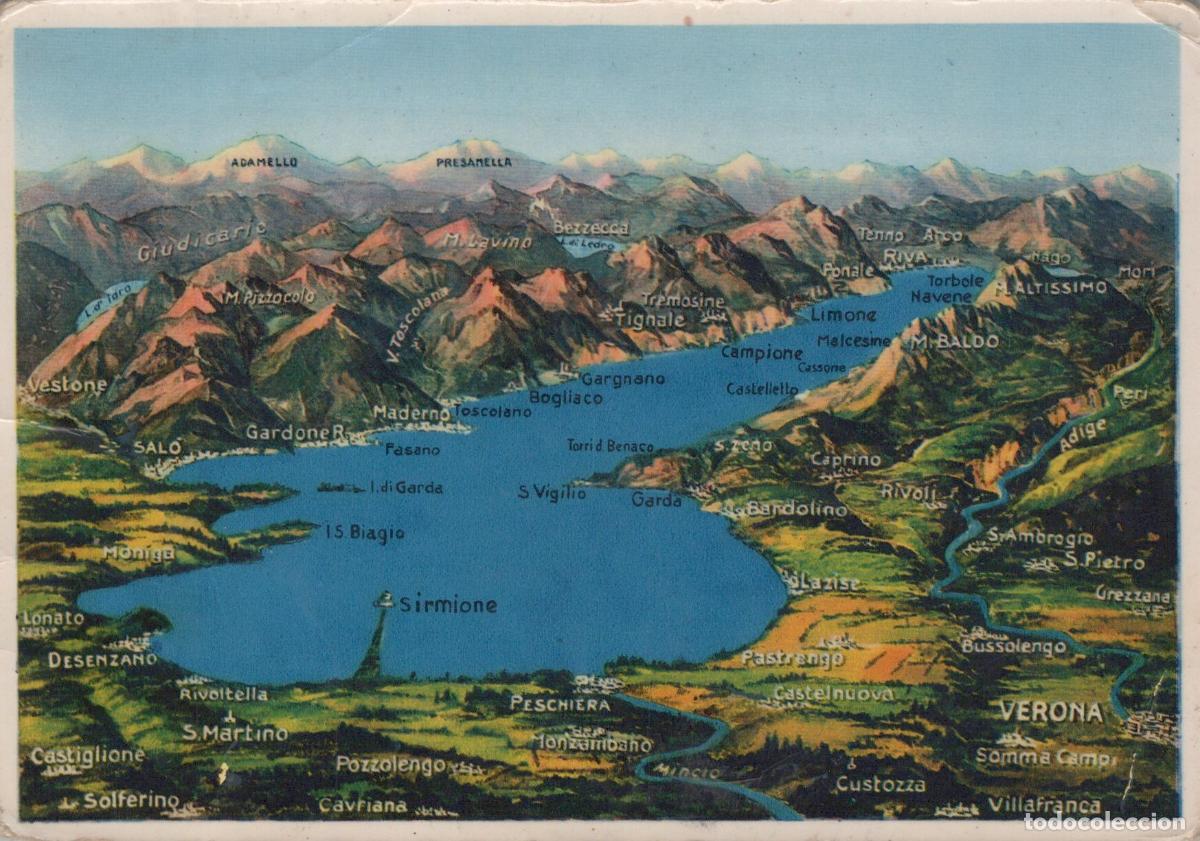Postais: Italy Lake Garda Panoramic Map With Towns and Mountains *YAN659