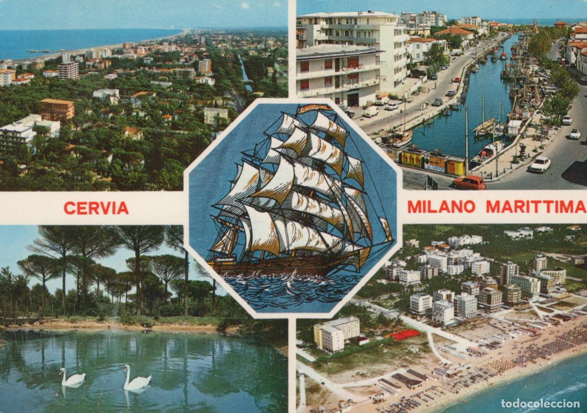 Cartoline: Italy Cervia Milano Marittima Multi View Sailing Ship Swans Beach 1970s *YAN690