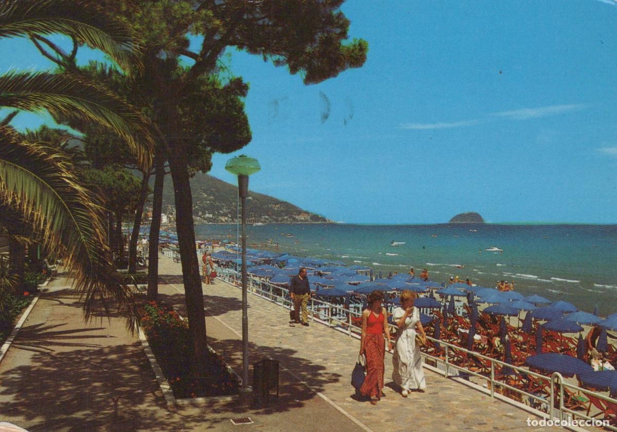 Cartoline: Italy Alassio Beach Promenade With Blue Umbrellas and Island View *YAN704