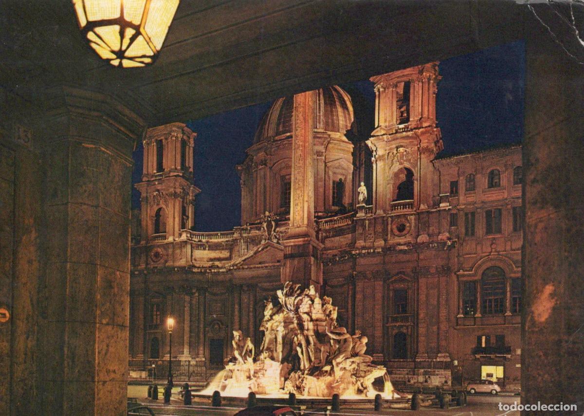 Postkarten: Italy Rome Piazza Navona Fountain of Four Rivers Sant Agnese Night View *YAN800
