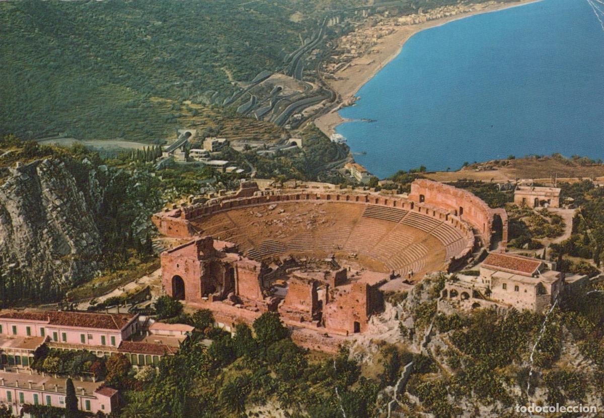 Postales: Italy Taormina Ancient Greek Theatre and Ionian Sea Coastline Aerial *YAN835