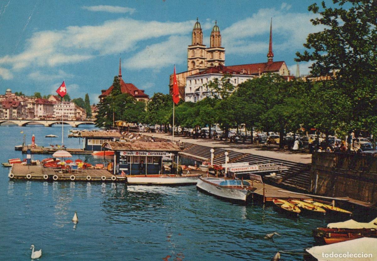 Postcards: Switzerland Zurich Limmat River Grossm&uuml;nster Church Boats Cityscape *YAN946