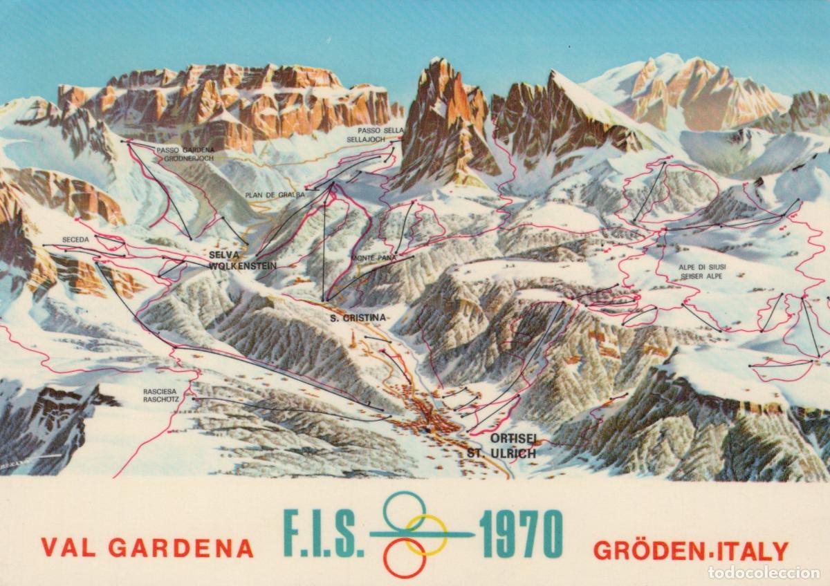 Postcards: Italy Val Gardena Gr&ouml;dner Ski Map 1970 Fis Alpine Ski World *YAN697