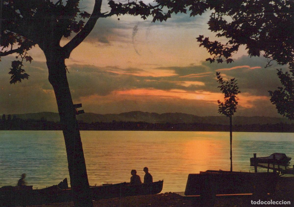 Postales: Italy Modena Lake Sunset With Silhouetted Couple in Boat Mountains in *YAN921