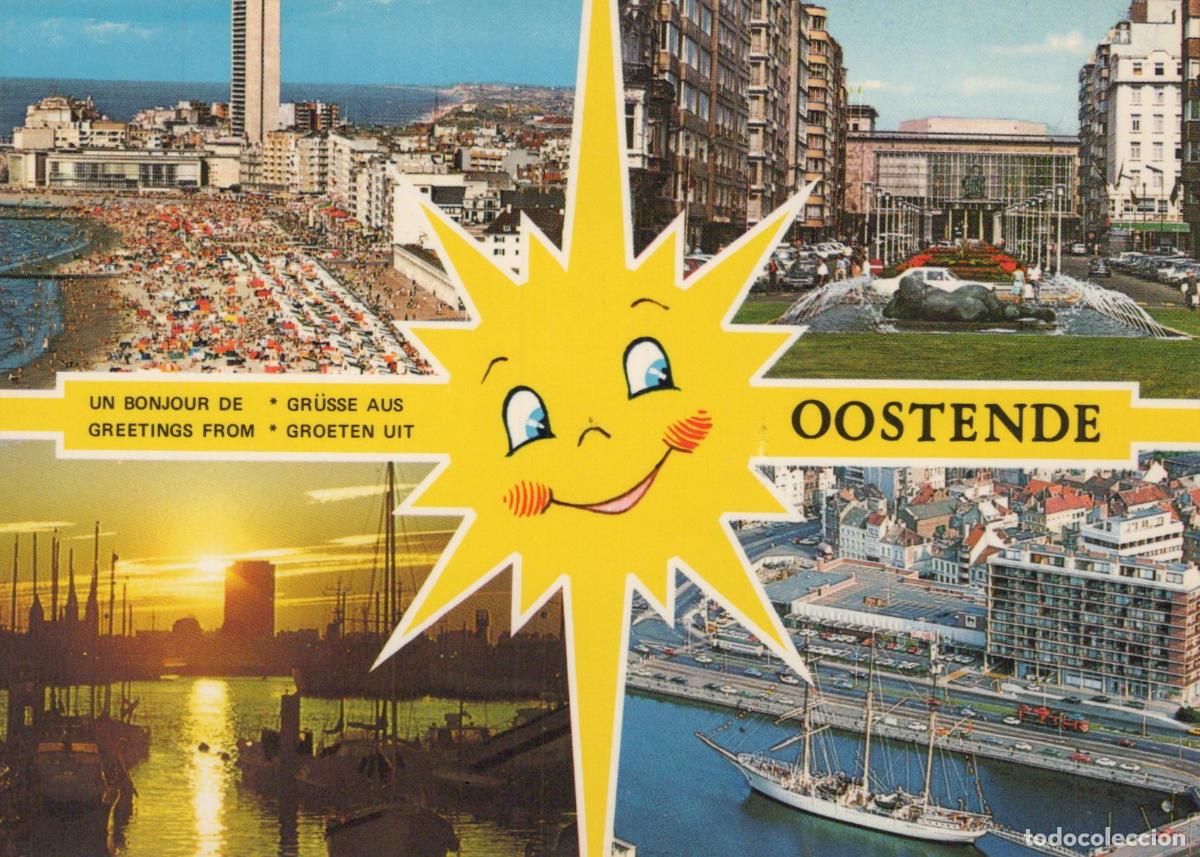 Postkarten: Belgium Oostende Multi View Beach Cityscape Harbor Boats Sun Face *YAP665