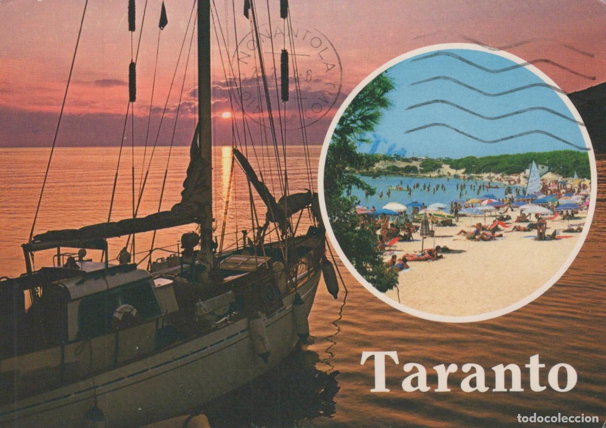 Postkarten: Italy Taranto Sunset Sailboat and Beach Scene With Bathers *YAP394