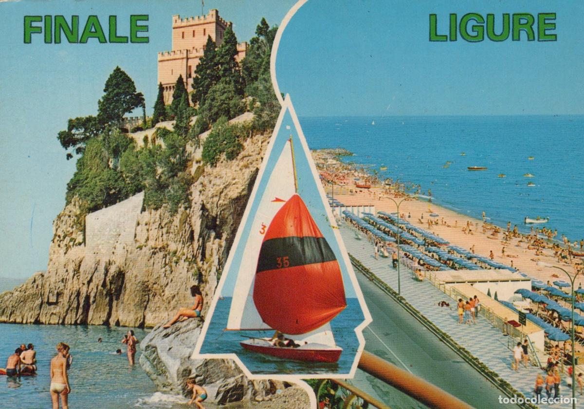 Postais: Italy Finale Ligure Beach Resort With Castle and Sailboat Inset *YAP743