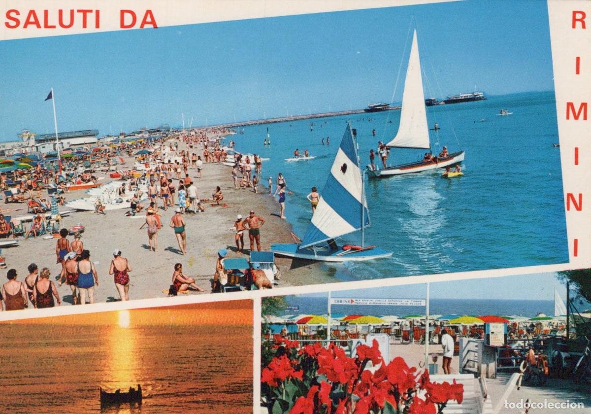 Postais: Italy Rimini Beach Sailboats Sunset and Beach Umbrellas Unposted *YAP777