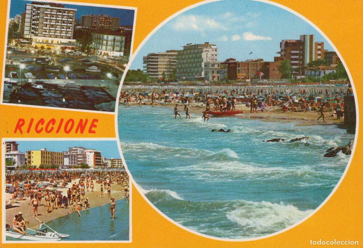Postales: Italy Riccione Beach Scene Hotels Boats People 1970s *YAP911