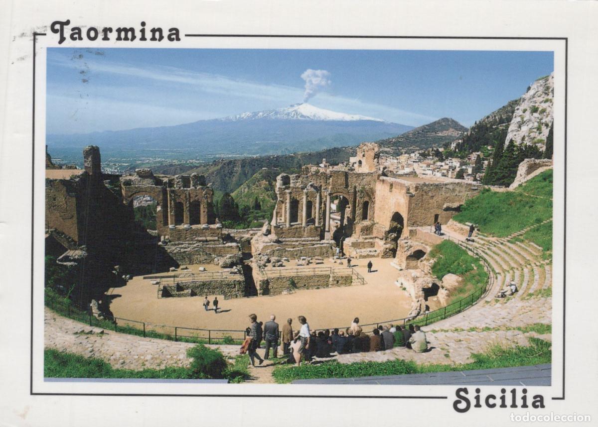 Cartoline: Italy Taormina Greek Theatre Ruins With Mount Etna Volcano Erupting *YAR488