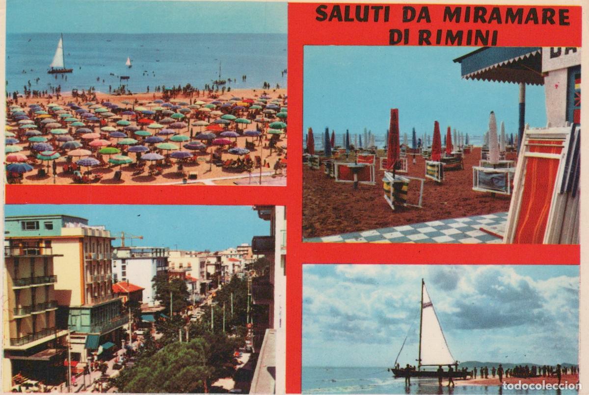Cartoline: Italy Rimini Miramare DI Beach Sailboats and City Street Real Photo *YAR619