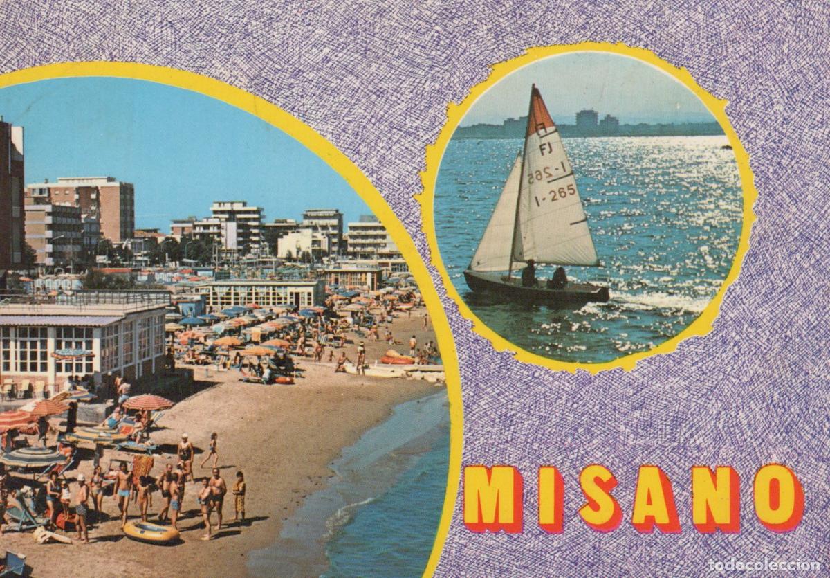 Postales: Italy Misano Adriatico Misano Beach Scene With Bathers and Sailboat *YAR677
