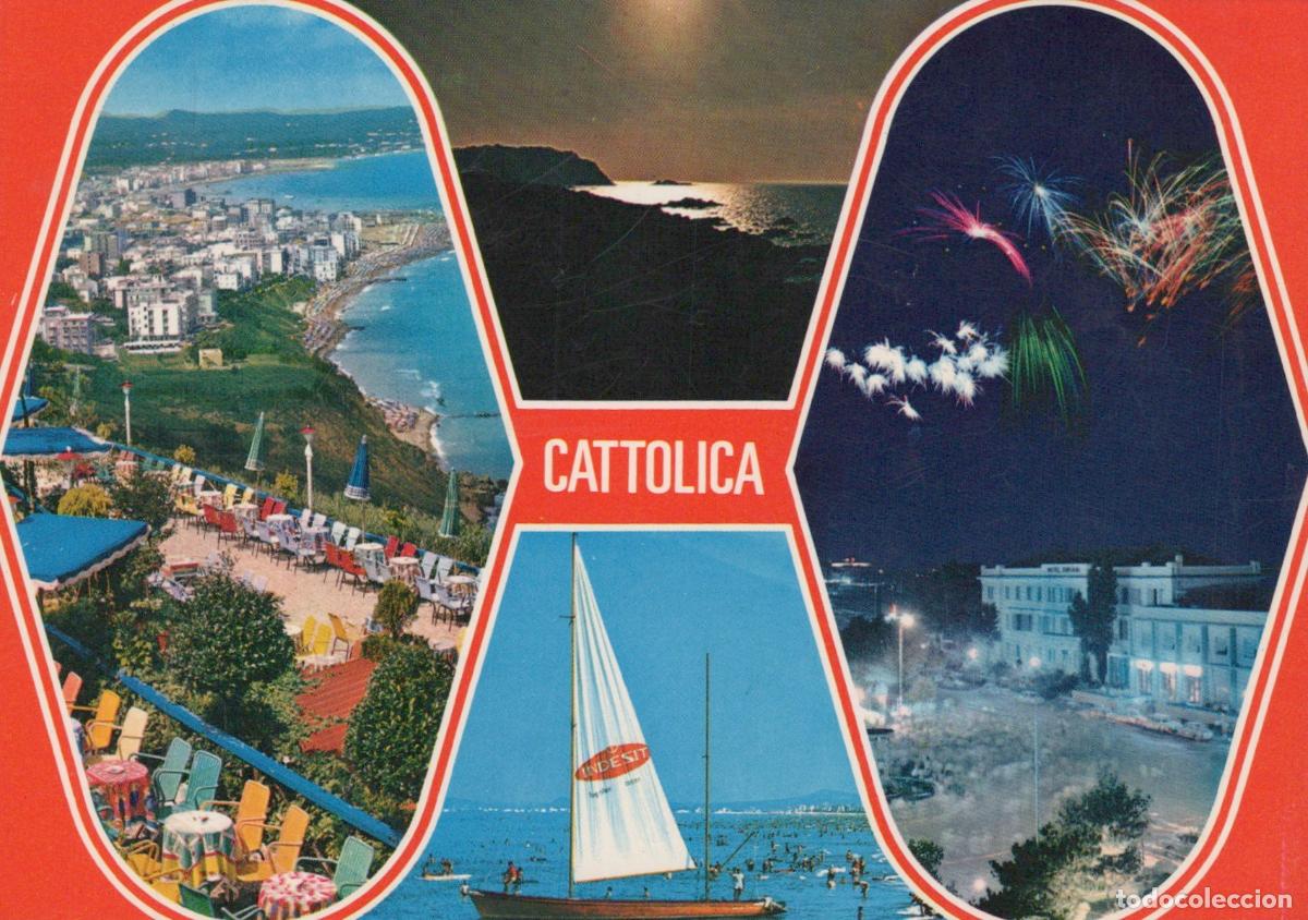 Postales: Italy Cattolica Coastal Town Beach Night Fireworks Sailboat Panorama *YAR724