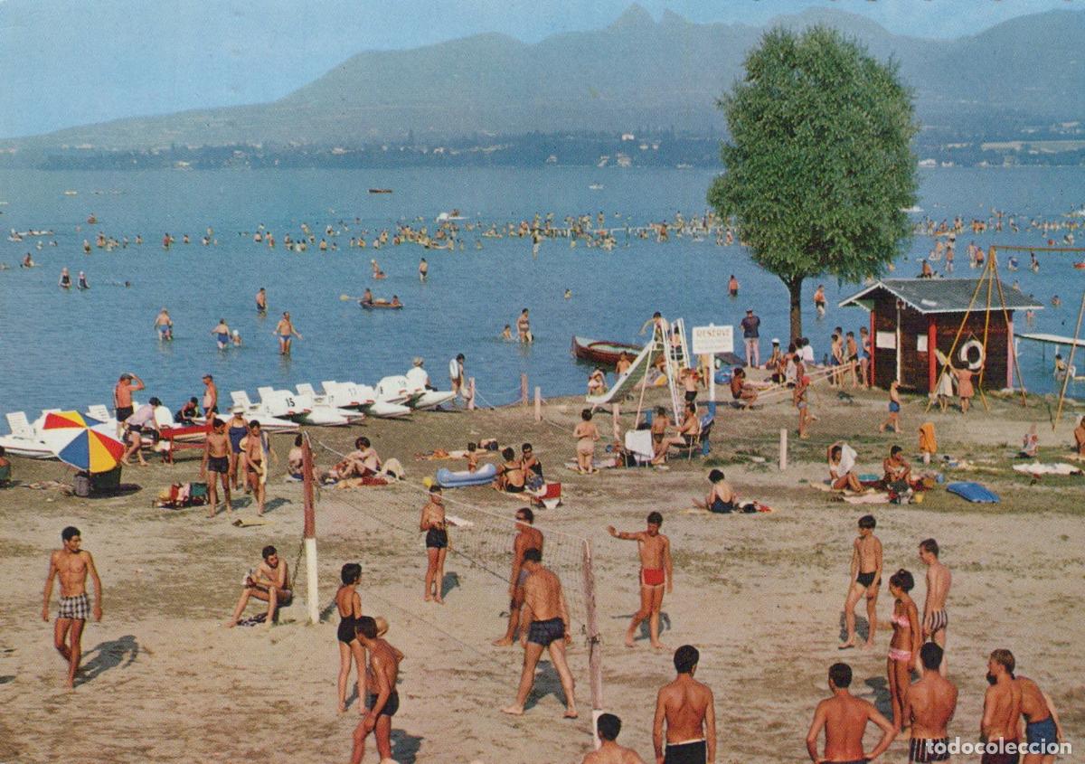 Postales: France Excenevex Beach Lake Geneva Volleyball Swimmers Mountains *YAR764