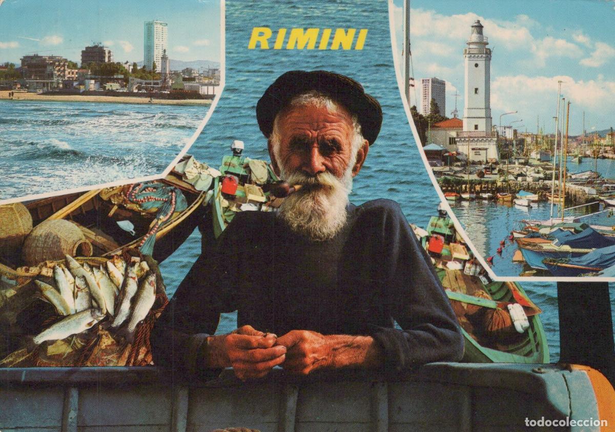 Cartoline: Italy Rimini Fisherman With Pipe Beach and Canal Harbour Lighthouse *YAR883