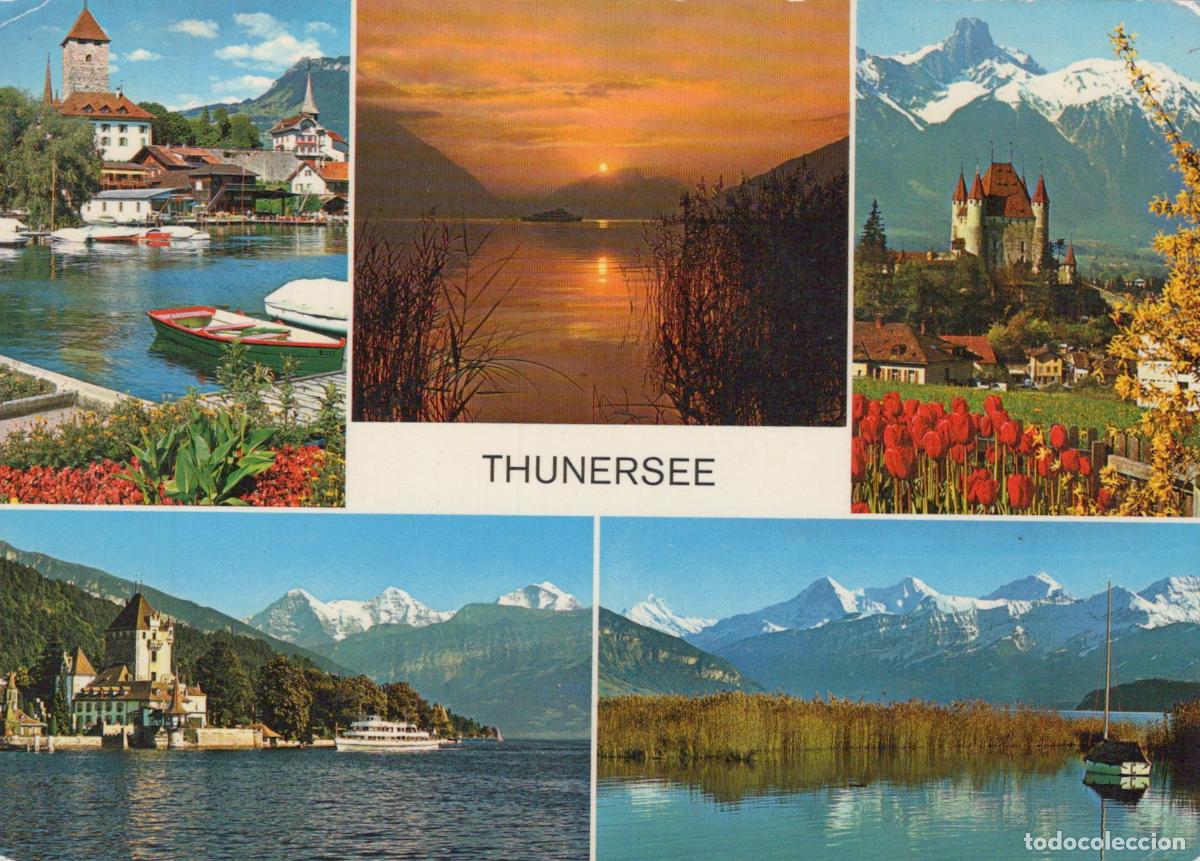 Cartoline: Switzerland Thun Lake Multi View With Castles Mountains Sunset Boats *YAR908