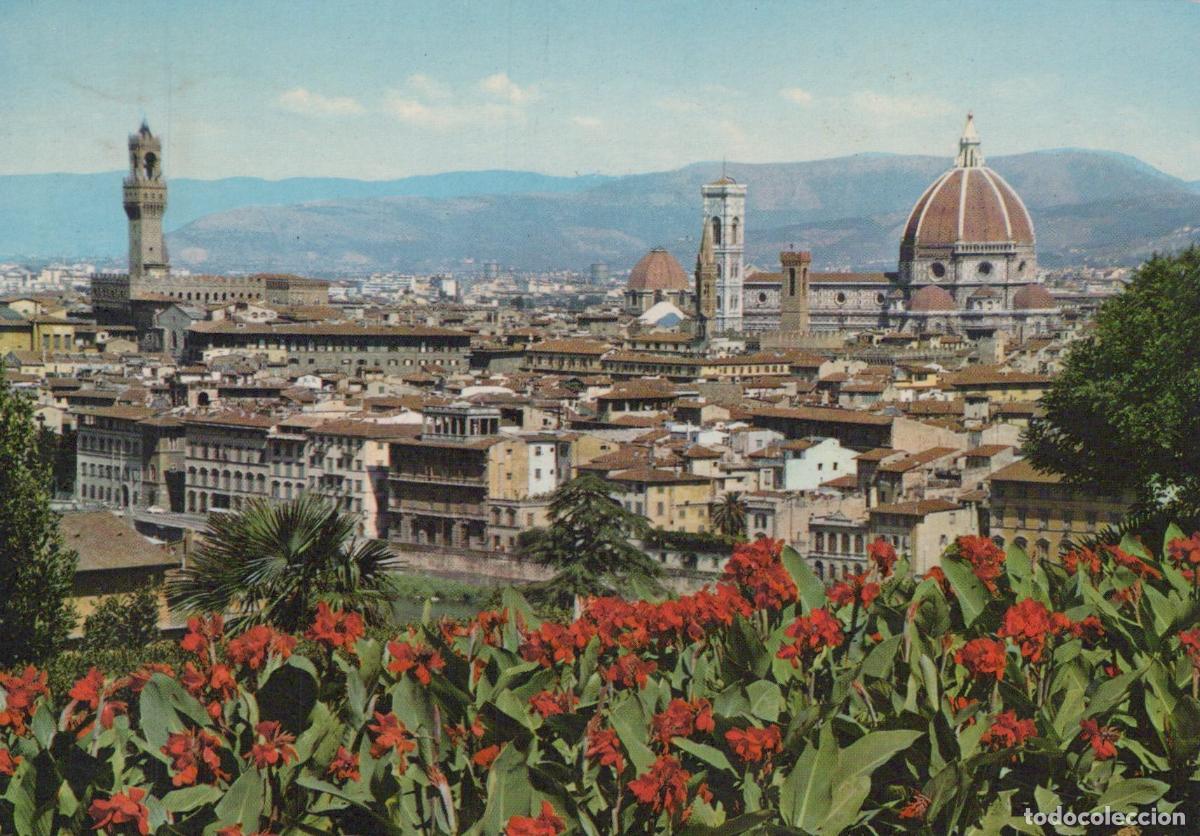 Postales: Italy Florence Panorama With Duomo and Palazzo Vecchio Red Flowers *YAS112