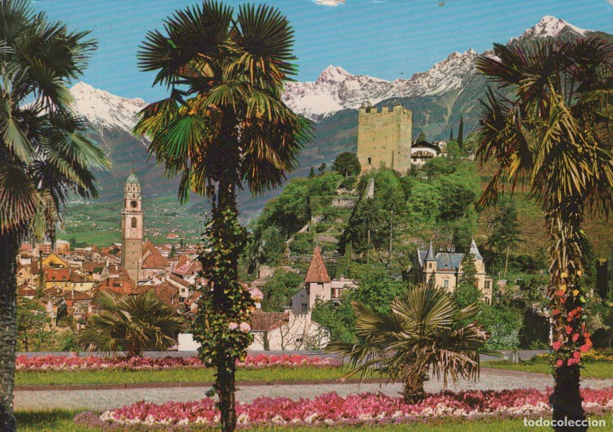 Postkarten: Italy Merano Panorama With Castle Bell Tower Palm Trees and Snow Capped *YAS124