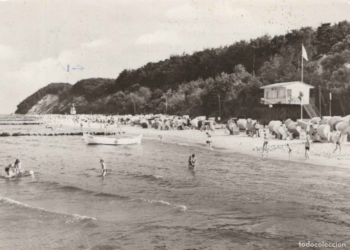 Postcards: Germany Koserow Baltic Sea Beach With People Bathing Huts and Boat *YAS258