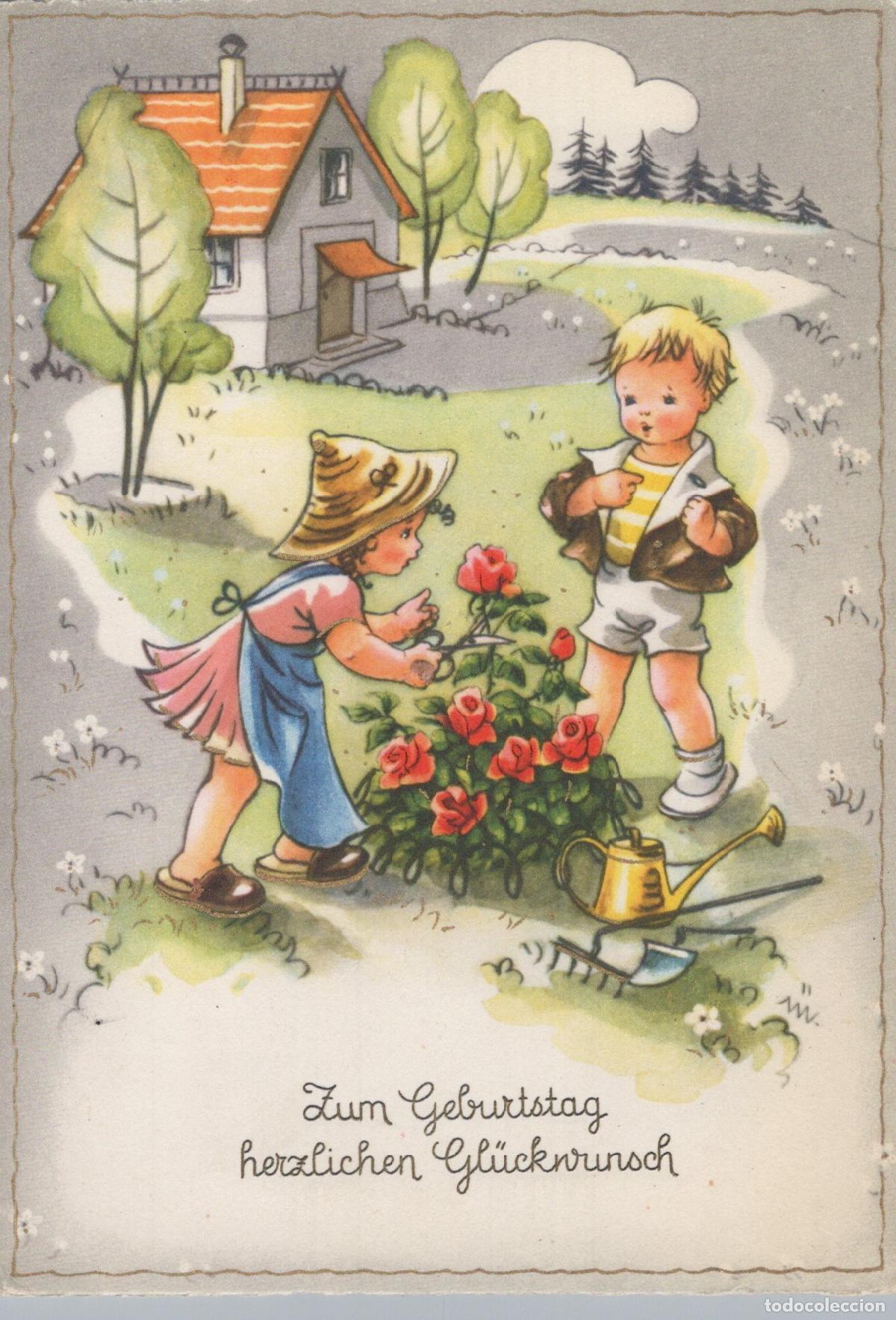 Postcards: Germany Children Gardening Roses Birthday Wishes German Unposted *YAS514