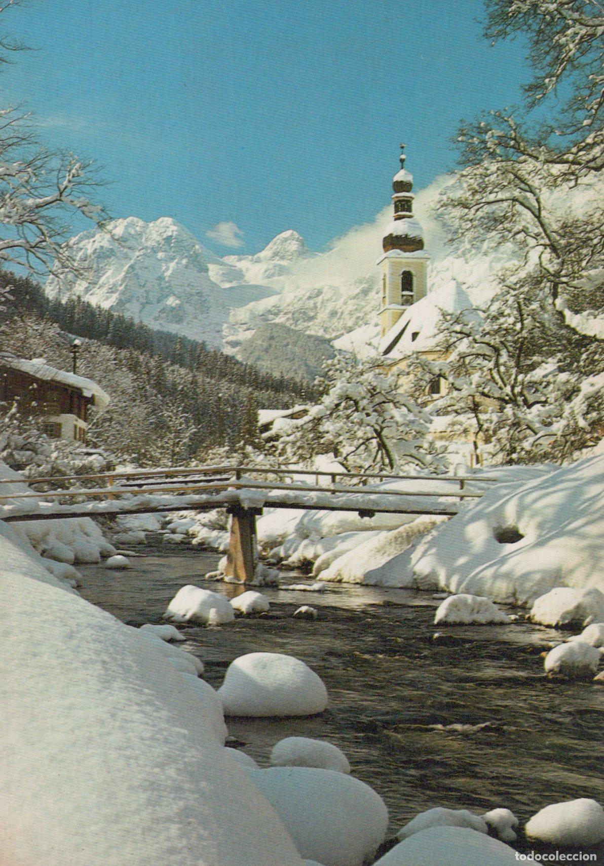 Postcards: Germany Ramsau Winter Landscape With Church River Bridge Snow Mountains *YAS426