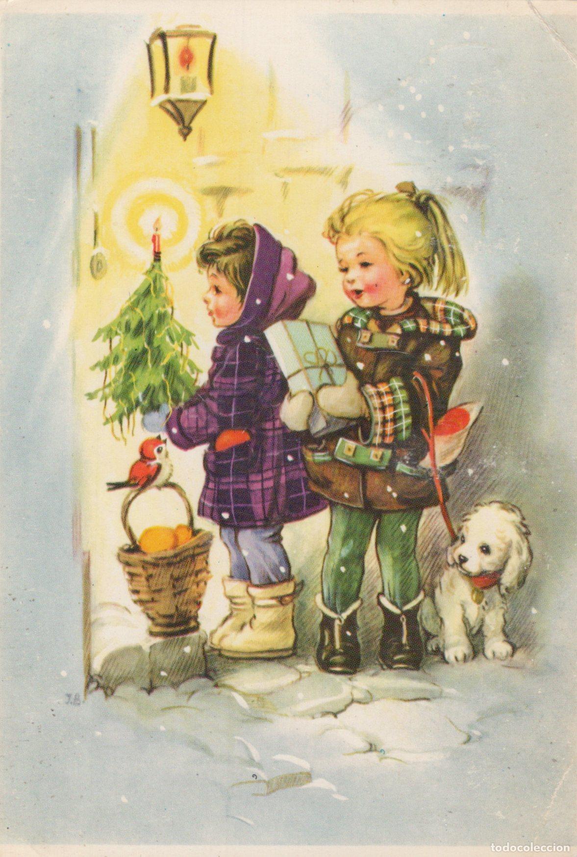 Postcards: Finland Children With Christmas Tree Gifts Dog Bird Winter Scene *YAS627
