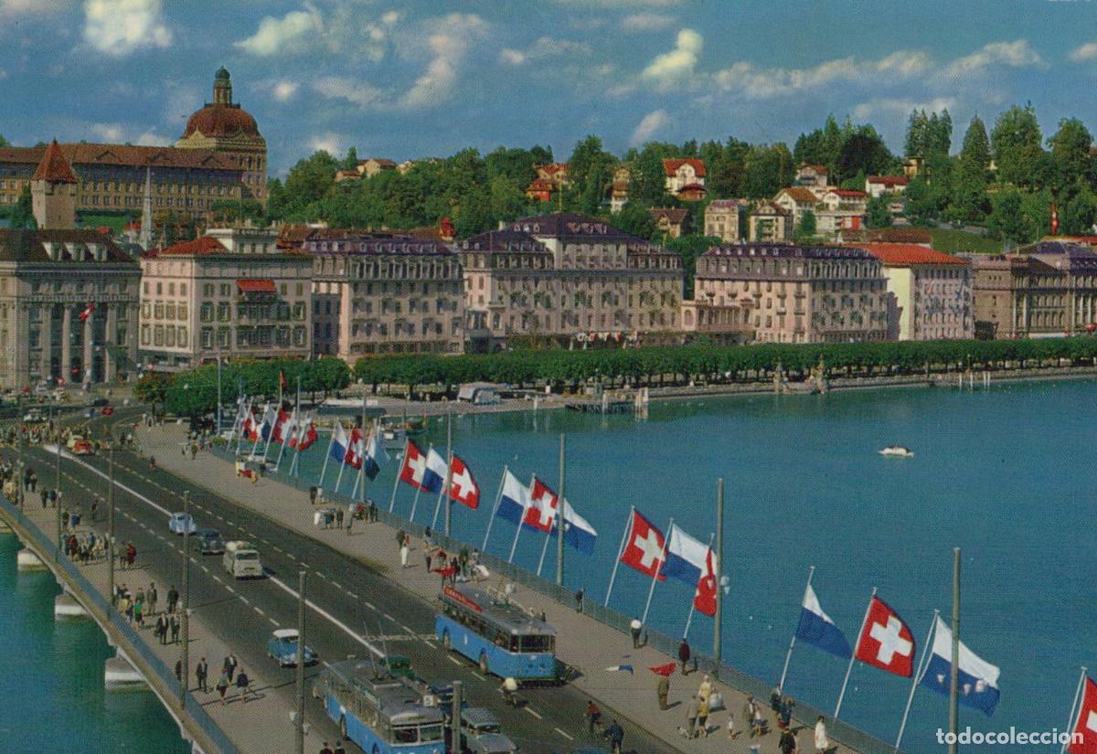 Postcards: Switzerland Lucerne Lake Bridge With Hotel Schweizerhof Flags Unposted *YAR298