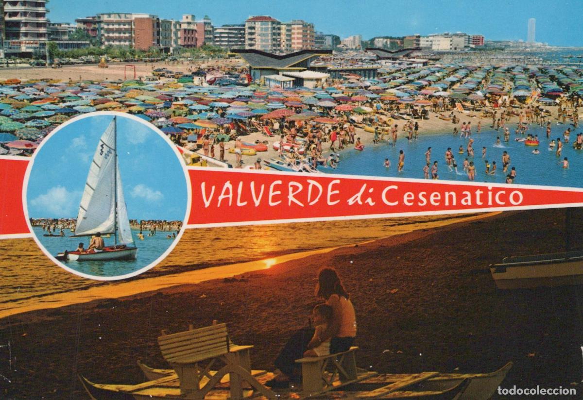 Postkarten: Italy Cesenatico Valverde DI Beach Scene With Sailboat and Sunset *YAR435