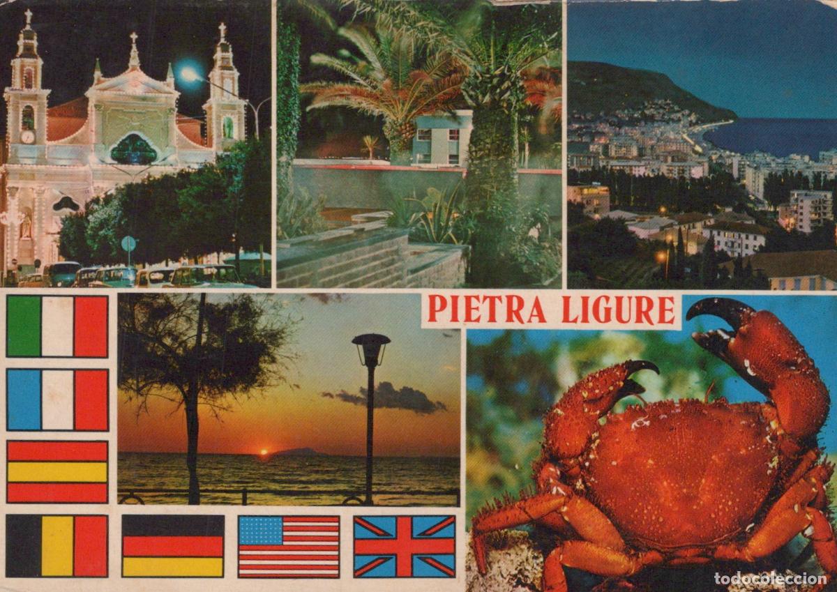 Cartes Postales: Italy Pietra Ligure Multi View Church Sunset Crab Flags *YAR509