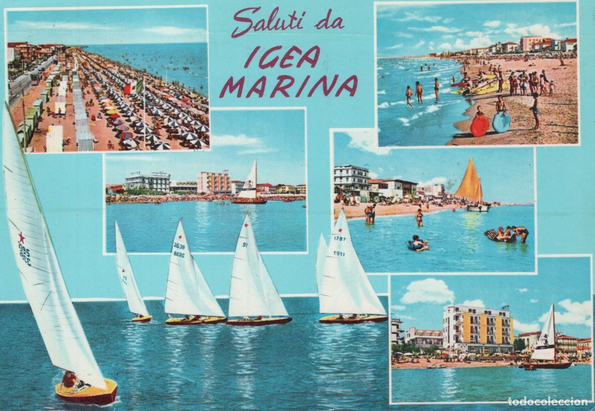 Postales: Italy Igea Marina Beach Resort Sailboats Collage Vintage *YAR570