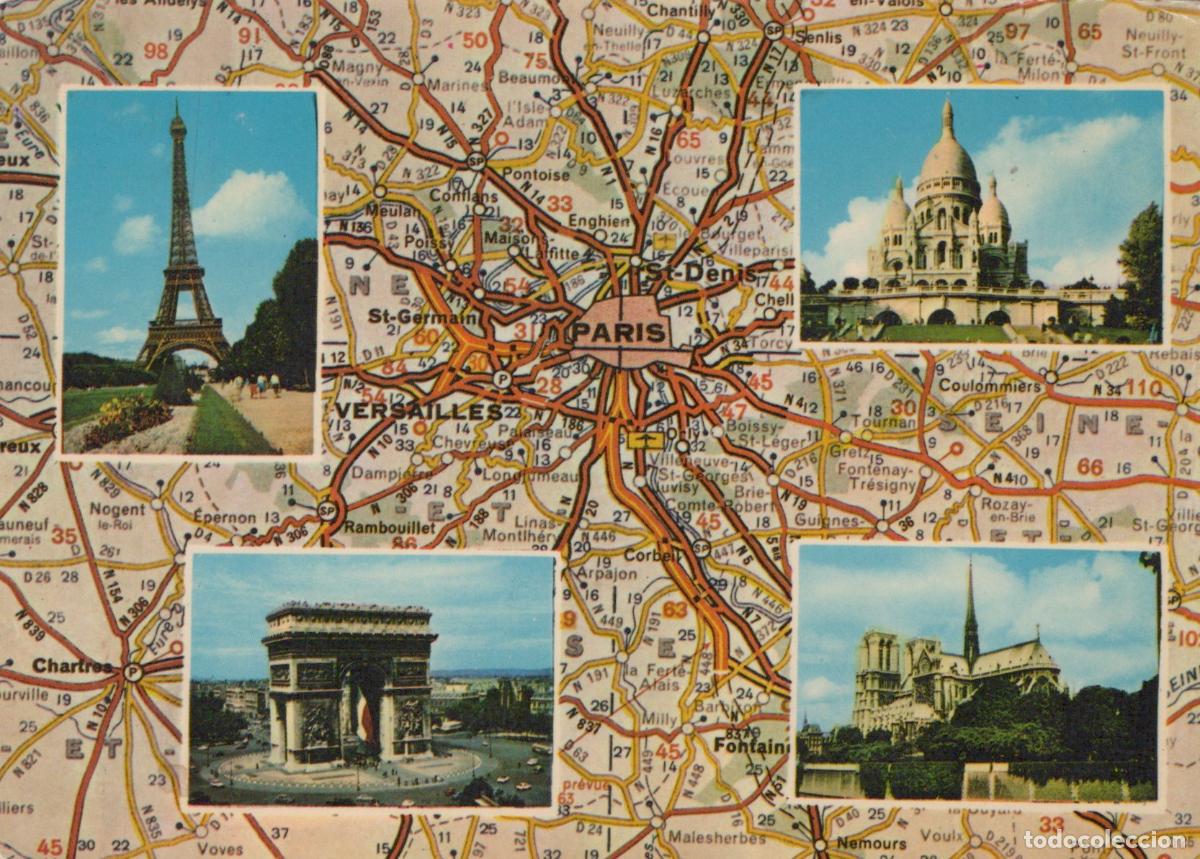 Postales: France Paris Map With Eiffel Tower Sacre Coeur Arc de Triomphe Notre *YAR598